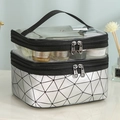 Silver geometric pattern dual layer cosmetic bag with transparent PVC top handle - Silver