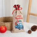 Burlap Christmas gift bag with red ribbon, merry christmas print and blue truck - Blue Truck Style