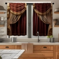 Luxe burgundy and gold kitchen curtains with elegant pleats and decorative tassels - Wine Red Gold Pleated