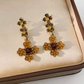 Close-up of vintage gold cross earrings with amber rhinestones in a silk gift box - Silver Needle Earrings-Gold-Green-Coffee
