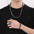Retro Edelstahl Schlangenschuppen Halskette Armband und Ring Set für Herren im Punk Stil - Größe 9 / 3-teiliges Set - Halskette + Armband + Ring (KR104866-KJX) / Dunkelgrau