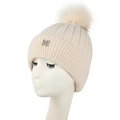 Bonnet en tricot beige avec pompon en fausse fourrure et détail M en strass pour femme - L(58-60cm) / Beige