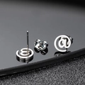 Silver @ symbol stud earrings for men with a polished metallic finish and mirror reflection - @ Symbol Pair / Silver
