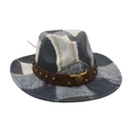 Patchwork denim cowboy hat with leather band and vintage metallic bull head ornament - One Size / Black (Denim Gold Bull)