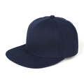 Detailed view of navy blue cotton twill fabric and six-panel stitching on flat brim hat - Deep Blue