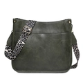 Deep green PU leather tote bag featuring a stylish black and white leopard print strap - Dark Green