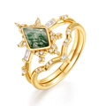 Golden natural moss agate kite ring set with white gemstone curved band accents - US 6 / Kite Shaped Cut Ring Set (RG022786) / Gold