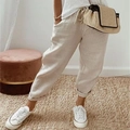 Women's light khaki linen casual trousers with drawstring waist and rolled hems - S / Bottoms / Khaki