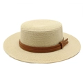 Beige boater straw hat with brown faux leather band and flat top for sun protection - Beige
