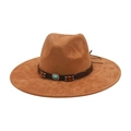 Brown suede-like western cowboy hat with turquoise stone and beaded leather band - One Size / Camel (Wood Beads Turquoise)