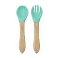 Mint green food-grade silicone baby spoon and fork set with natural wooden handles - Wooden Handle Spoon and Fork Set / Mint Green