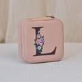 Pink PU jewelry box featuring letter L with floral print and zipper closure - Print L