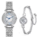 Coffret montre quartz argentée et bracelet avec cristaux et chiffres romains de luxe - Ensemble de 2 Pièces (Montre+Bracelet) / Argent