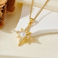 Elegant gold octagonal star necklace with white freshwater pearl and cubic zirconia stones - Gold Pearl Eight-Pointed Star Necklace (T012)