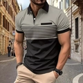 Men's slim-fit color block polo shirt with gray and black stripes for casual business style - S / Khaki