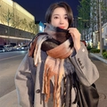 Winter mohair scarf with brown and beige plaid pattern and fringe detail for warmth - Black Beige Coffee Plaid