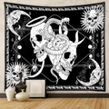 Detail showing gothic black and white tapestry with skull heart and snake patterns on wall - Double Skeleton and Snake Heart (GT1101-16)