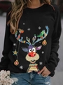 Detailed close-up of festive reindeer and snowflake print on a black long sleeve tee - S / Tops / Black