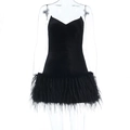 Detail of the black tube top mini dress featuring elegant feather trim and slim fit design - XS / Black