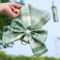 Green plaid pet harness and leash set with a large bow and breathable white mesh - Green White Plaid