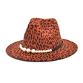 Leopard print wide brim fedora hat with elegant pearl chain and black ribbon detail - M (56-58cm) / Burgundy