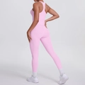 Detail view of pink racerback sports bra and high-waist brushed yoga leggings set - S / Top And Bottom / Sky Blue