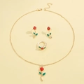 Elegantes Set aus goldener Rosenschmuck mit roter Emaille-Halskette und Ohrringen - Rosenblüten-Komplettset / Gold