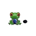 Cute green frog brooch with a blue teardrop gemstone and white crystals on white backdrop - Blue Crystal Frog