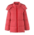 Detail of red and white vertical striped hooded puffer jacket with a full zipper closure - S / Red Stripes