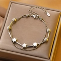 Double-layer stainless steel chain bracelet with silver stars and frosted beads on gold box - Stainless Steel Silver Star Tube Anklet (10847)