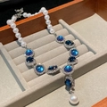Vintage pearl necklace with blue gemstone pendant and teardrop pearl on velvet box - 10# Necklace-Blue-Round
