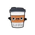 Cartoon enamel pin featuring a white coffee cup with DEJA BREW text and cute facial expression - Deja Brew Cup Style (QHXZ1761)