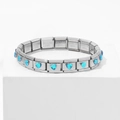 Detail of Italian charm bracelet showing blue heart gems and stainless steel links - Heart Lake Blue Gem (18 Links)