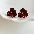 Elegant gold plated wine red flower stud earrings with zircon center on a ceramic plate - Simple Enamel Single Diamond Flower Stud Earrings (47#) / Burgundy