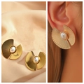 Elegant gold fan-shaped ribbed titanium steel stud earrings with white pearl accents - 27# Fan-shaped Rib Pearl