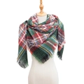 Classic green and red plaid scarf with fringe, draped on a wooden mannequin model - 135x135x200cm / SJ-10# Green