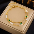 Double-layered gold chain anklet featuring green heart pendants and crystal beads - Green Heart Crystal Style (B898)