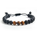 Adjustable 8mm natural lava rock and tiger eye beaded braided cord bracelet for men - Yellow Tiger Eye + Lava Stone (NR12-4)