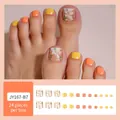 Orange and yellow press-on toenails with white floral patterns, 24 pcs set, model JY167-B7 - JY167-B7 Gradient Floral