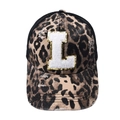 Distressed leopard print mesh baseball cap with gold trim L letter towel embroidery - Letter L (Black Leopard)