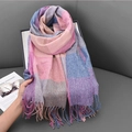 Soft pink and blue colorblock plaid scarf with tassel trim for a stylish winter look - 180*70cm / Rose Red