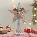 Detail of silver glitter tree topper with burlap bow and red berries on a snowy background - Christmas Tree Topper Star Style / 27*18cm / Silver