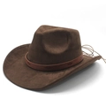 Brown wool felt Western cowboy hat with embossed ethnic leather band on white background - M (56-58cm) / Brown Faux Suede
