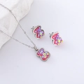 Pink iridescent bear jewelry set with silver necklace and earrings on stone - Pink (Steel Color)