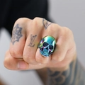 Men's vintage rainbow iridescent skull ring in stainless steel with detailed engraving - US 7 / Rainbow