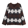Women's V-neck argyle sweater in dark brown, black, and white cozy knitted wool - S / Tops / Coffee & White