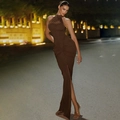 Detail of dark brown sleeveless maxi dress featuring elegant waist pleats and high side slit - S / Coffee