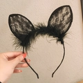 Sexy black lace bunny ears headband with feather trim for cosplay costume styling - Feather Lace Bunny Ears / Black