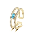 Double-layered gold open ring featuring a square blue zircon center stone and micro-pave crystals - Gold Color - Blue Zirconia