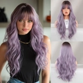 Perruque synthétique ondulée de 24 pouces avec frange et dégradé lavande pour femmes - Gris Violet Racine Teinte (C-0375-1) 24inch